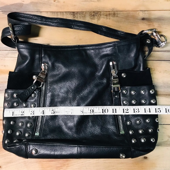 B Makowsky Black Leather & Silver Stud Crossbody. - Picture 6 of 16